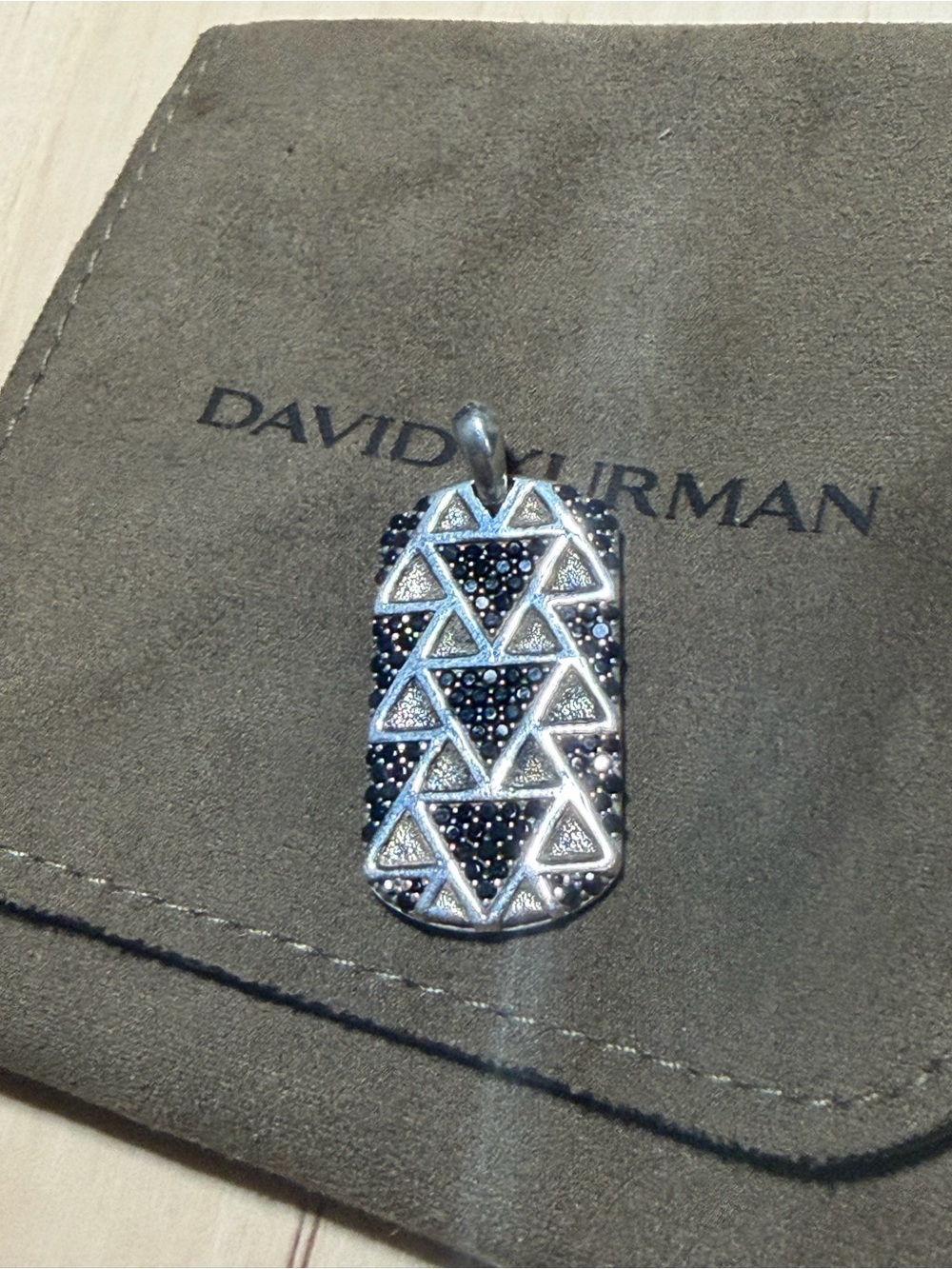 David Yurman Black Diamond and Silver Triangle Pavé Dog Tag Pendant
